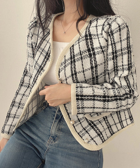 韓国風ツイードジャケット ライトアウター チェック柄ショートジャケットレディース カジュアル春秋上着 おしゃれ きれいめ 通勤服OL羽織り 着やせアウター 細見え 6QINGROU-002